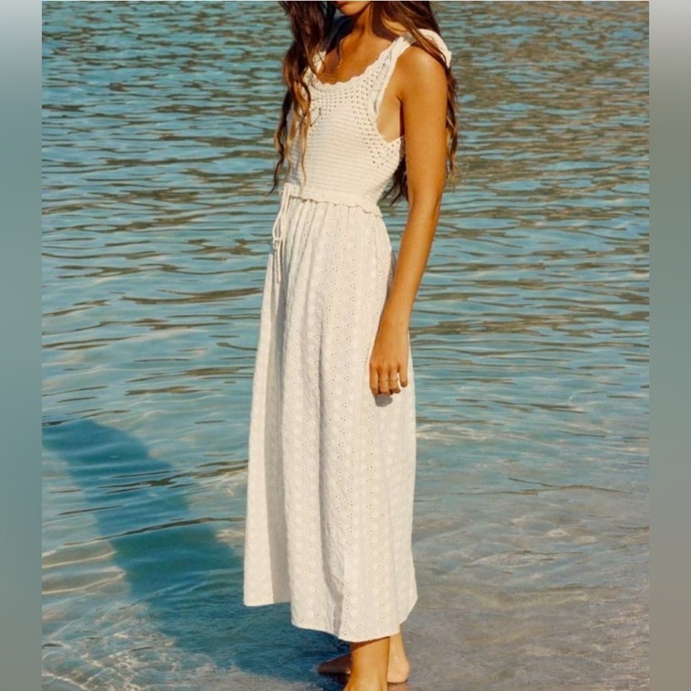 NWT ZARA MIXED EMBROIDERED EYELET KNIT MIDI DRESS  ECRU Size L